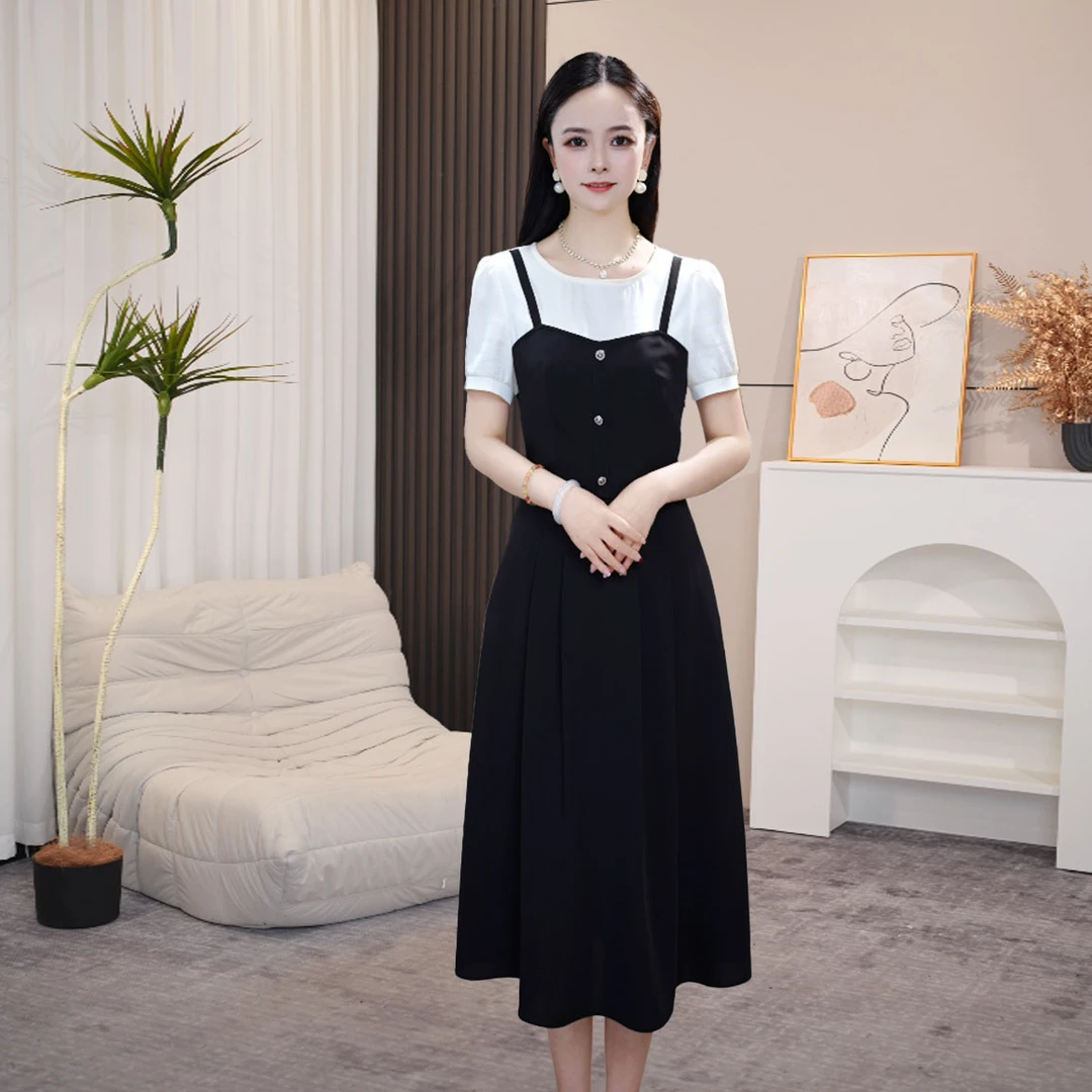 X短袖连衣裙显瘦气质时尚夏季收腰吊带假两件连衣裙显瘦气质时尚
