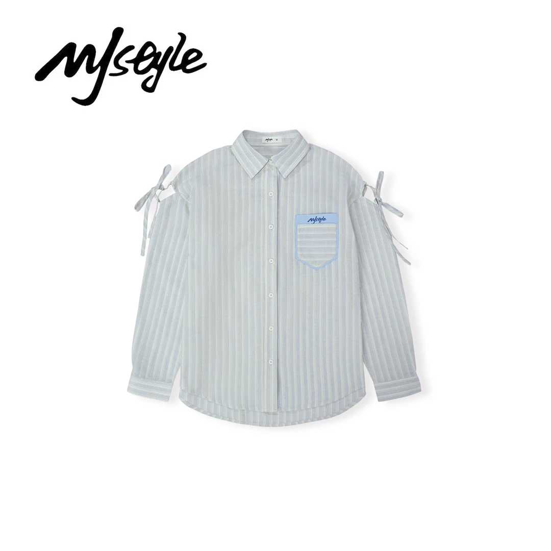 夏季休闲宽松复古小众设计感露肩蓝色条纹长袖衬衫字母刺绣女上衣