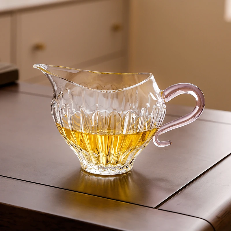 玻璃瓜棱公道杯粉色高硼硅耐热公杯带把分茶器茶海绿茶泡茶器茶具
