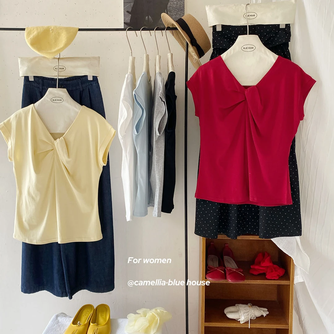 设计师小众气质扭结V领短袖净色T恤女夏日常腔调又好搭上衣