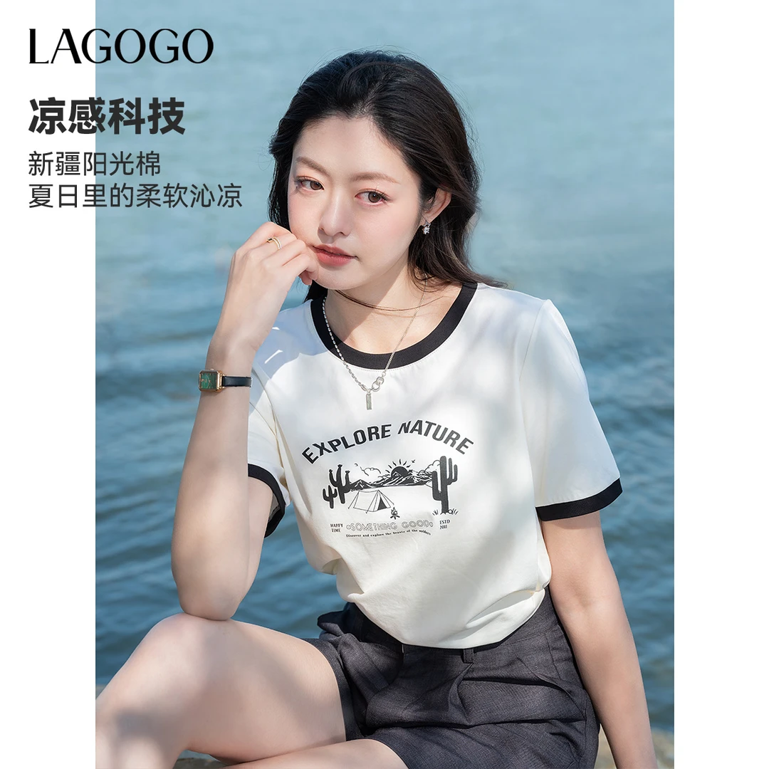 lagogo撞色圆领百搭通勤露营印花T女OATT313G93