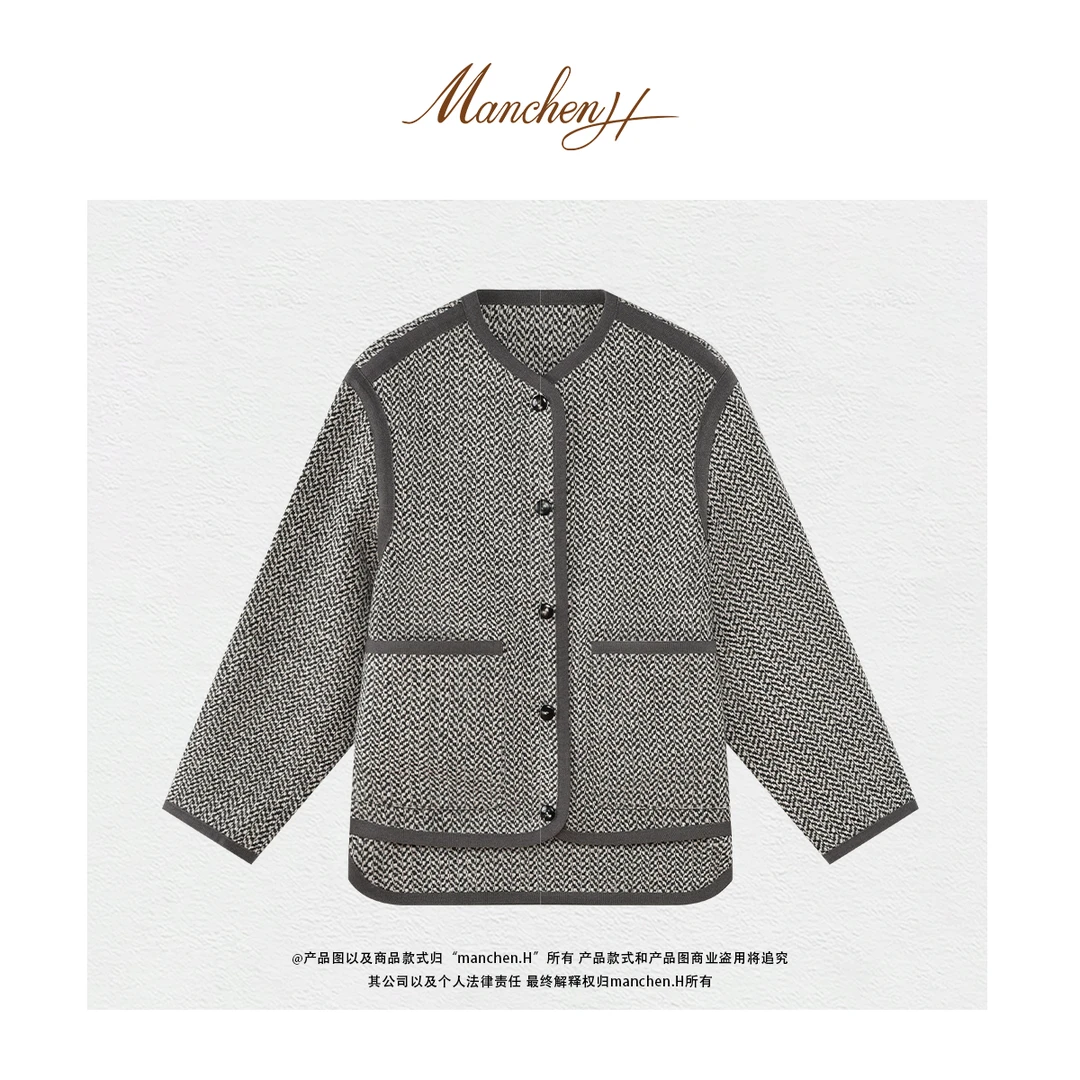曼辰manchenh"静奢主义"LP重磅羊毛亚麻混纺复古花呢肌理圆领外套