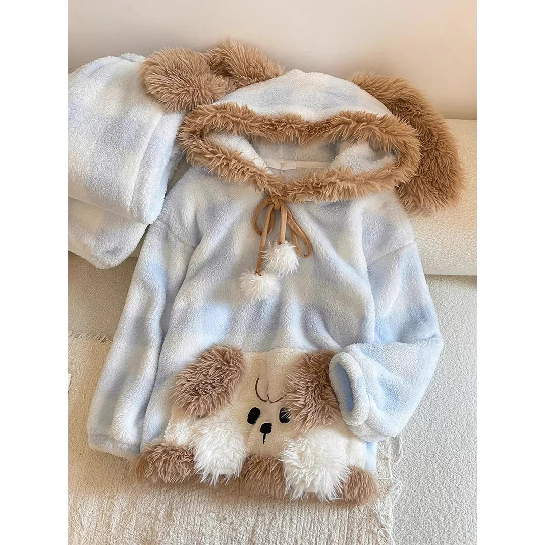 甜美卡通毛茸茸可爱小狗连帽睡衣女秋冬季保暖加厚珊瑚绒家居服