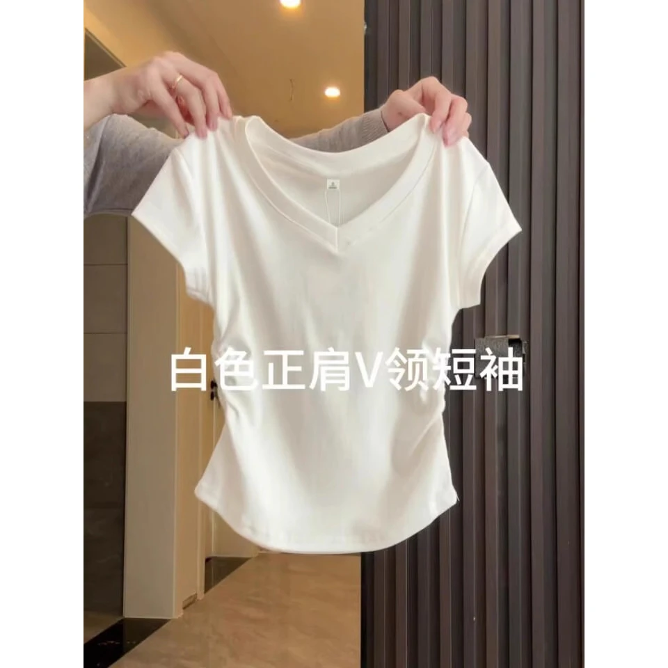 短袖T恤夏装正肩女夏季新款修身显瘦设计感纯色白色打底气质百搭