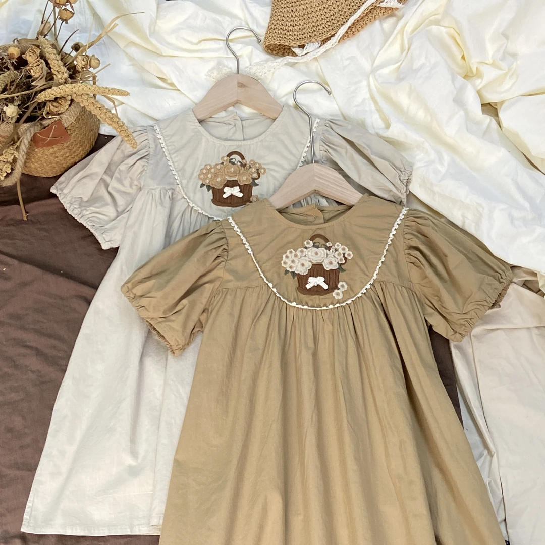 女童夏季新款时髦短袖刺绣连衣裙宝宝洋气夏款纯棉泡泡袖连衣裙