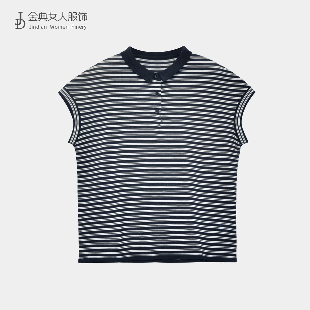 翻领半开襟单排扣条纹POLO衫     中年妈妈时尚休闲显瘦女T恤0919