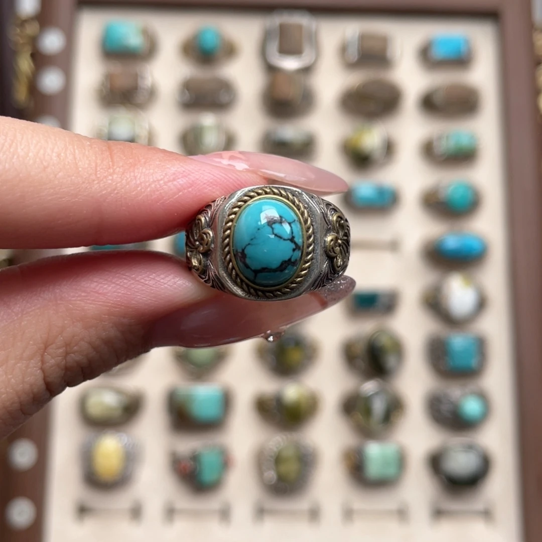 ****猫绿松石银S925镶嵌戒指