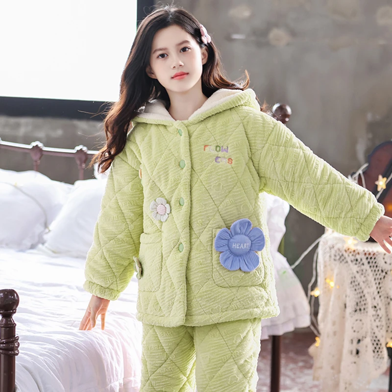 女童珊瑚绒睡衣秋冬季连帽中大童亲子小女孩可外穿三层夹棉家居服