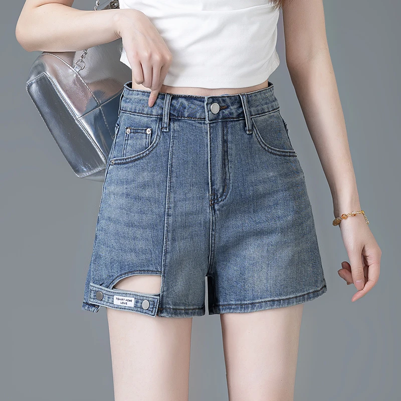 高腰牛仔短裤女夏季薄款2025年新款宽松显瘦阔腿a字设计感三分裤