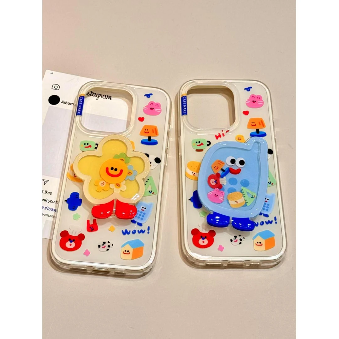 白底奶油壳多巴胺涂鸦支架适用于苹果华为荣耀vivo小米oppo手机壳