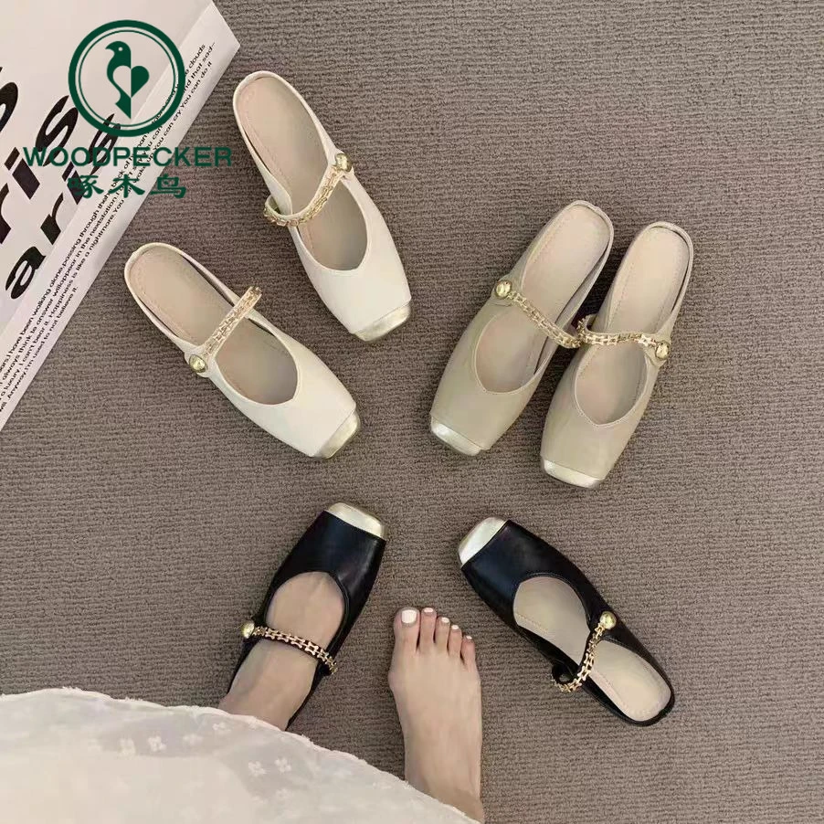 啄木鸟包头半拖鞋女平底2025春季仙女风气质玛丽珍鞋温柔晚晚单鞋