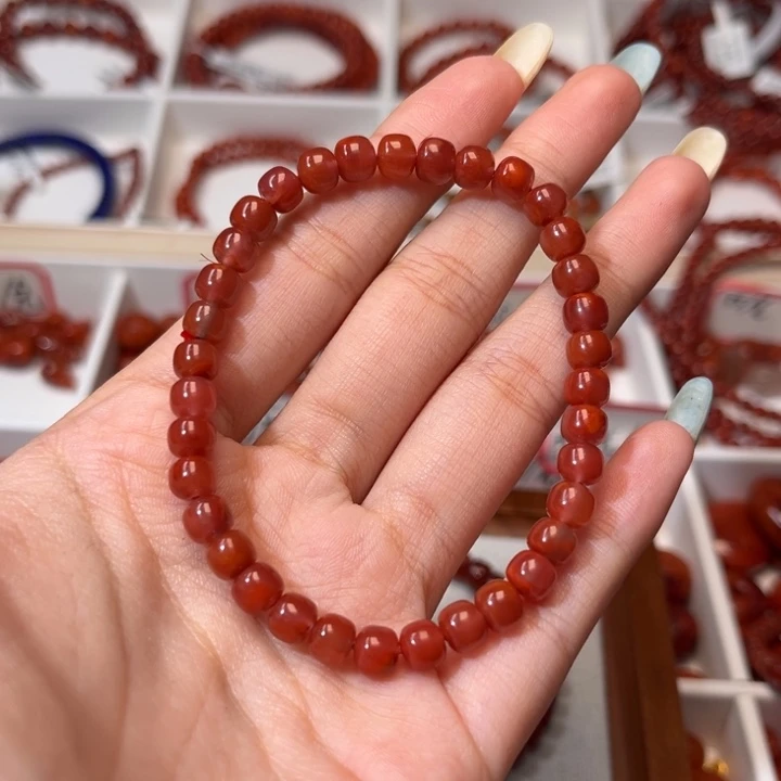 简***…南红玛瑙未镶嵌手链玫红老型6mm