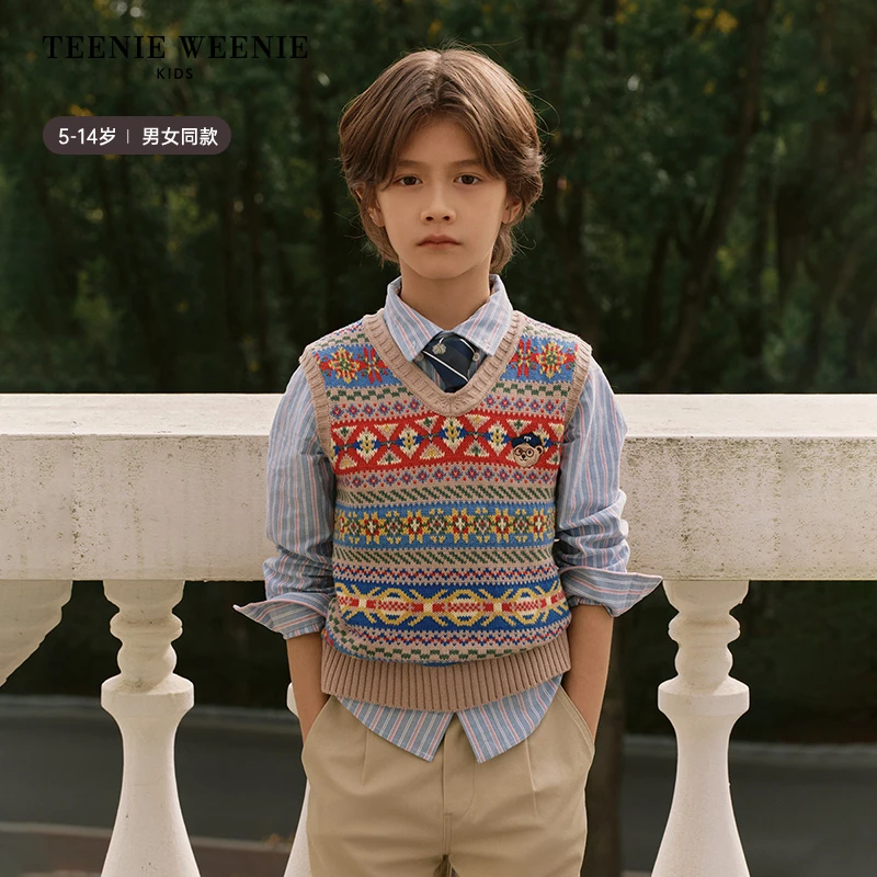TeenieWeenie Kids小熊男女童学院风费尔岛背心毛衣TKKN255179N