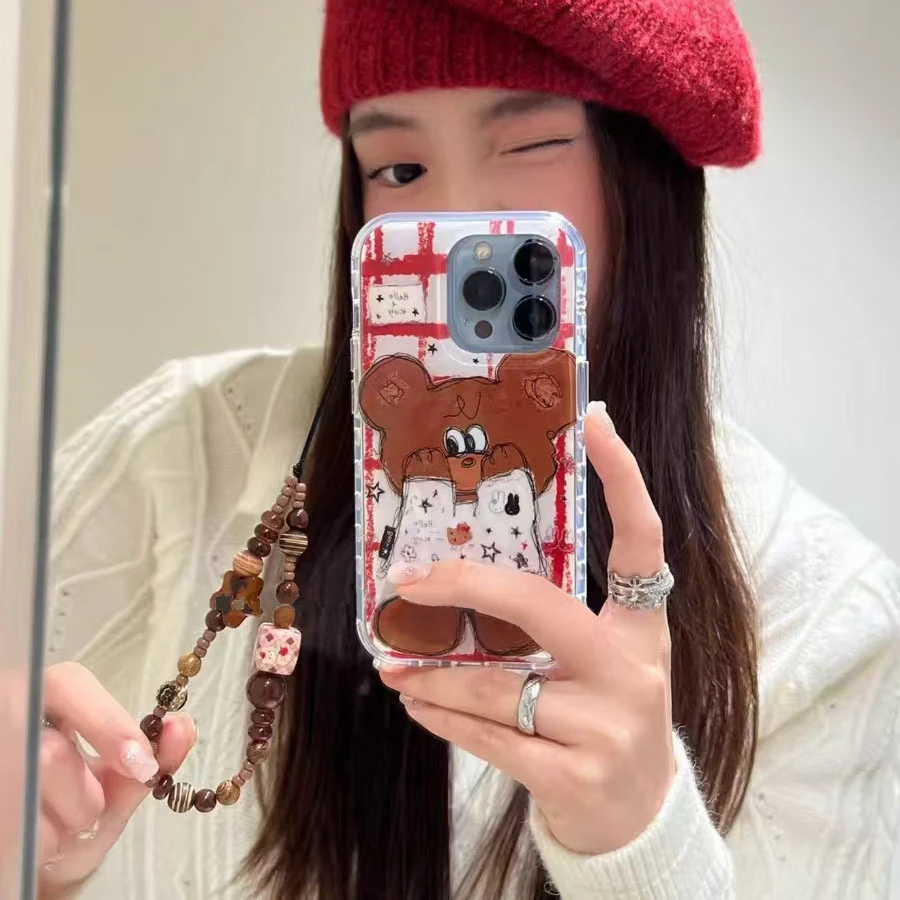 涂鸦捂脸小熊适用苹果17/16/15promax手机壳VIVO华为OPPO小米15壳