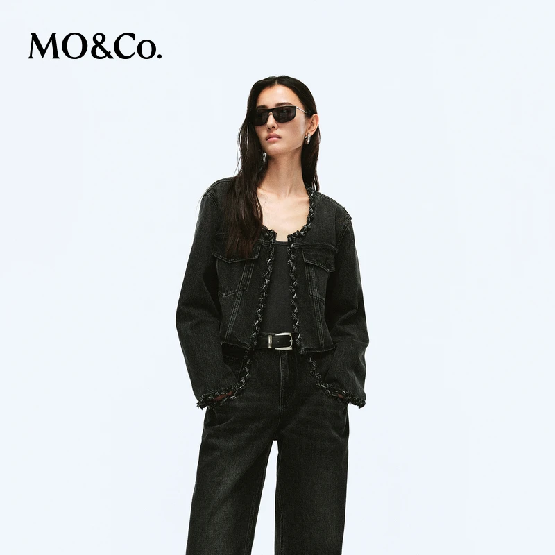 【达人专属】MOCO春手工编织镶边短廓形牛仔夹克外套MBD1JKT035