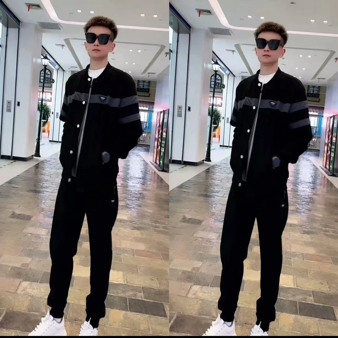 秋季新款男士休闲运动套装时尚潮流开衫夹克外套宽松拼接束脚长裤
