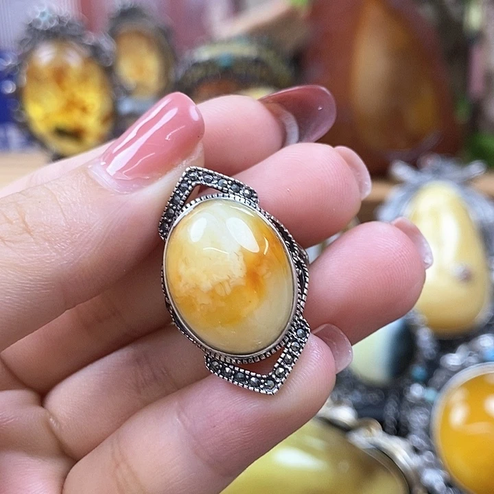 琥珀银S925镶嵌戒指戒指