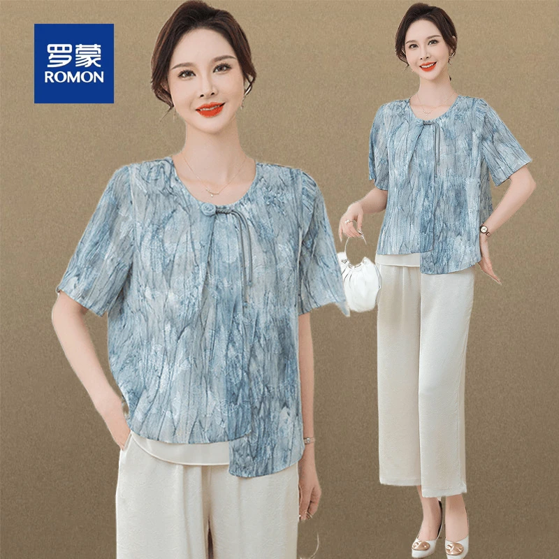 罗蒙新中式妈妈夏装新款短袖雪纺衫套装洋气中老年女装薄款T恤衫