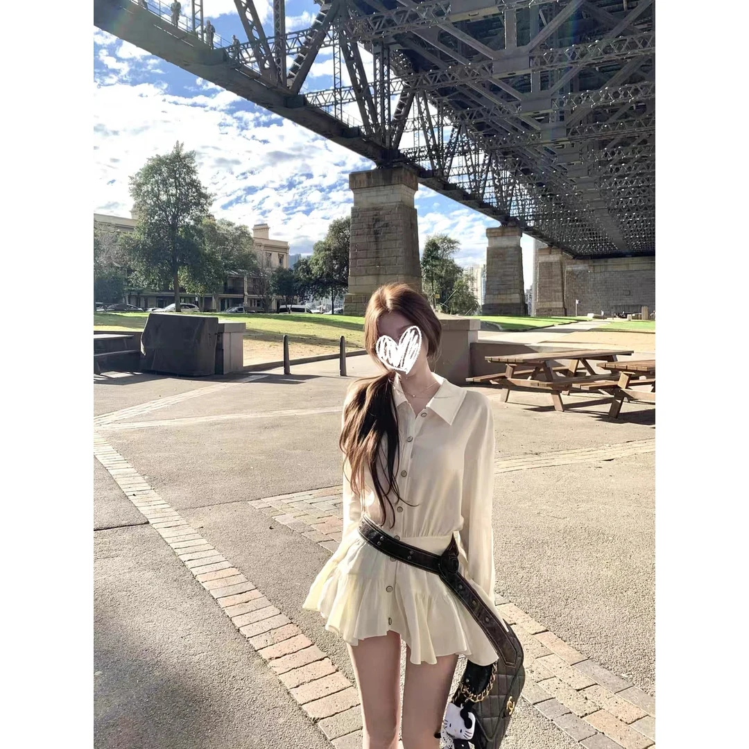 西亚麦浪 气质收腰大裙摆长袖衬衫裙百搭短裙秋季新款送安全裤