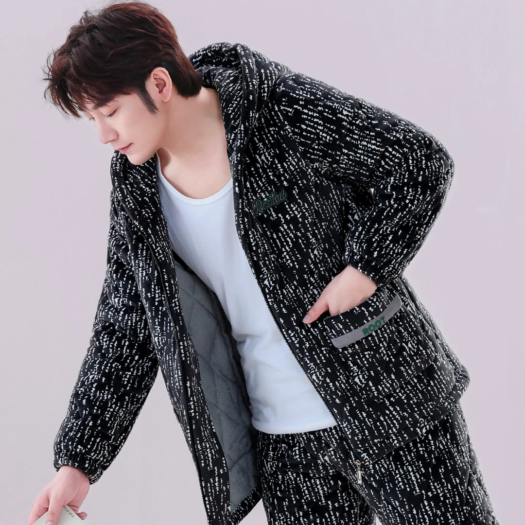 睡衣男士冬季保暖青年加厚夹棉家居服可外穿套装秋冬大码连帽套装