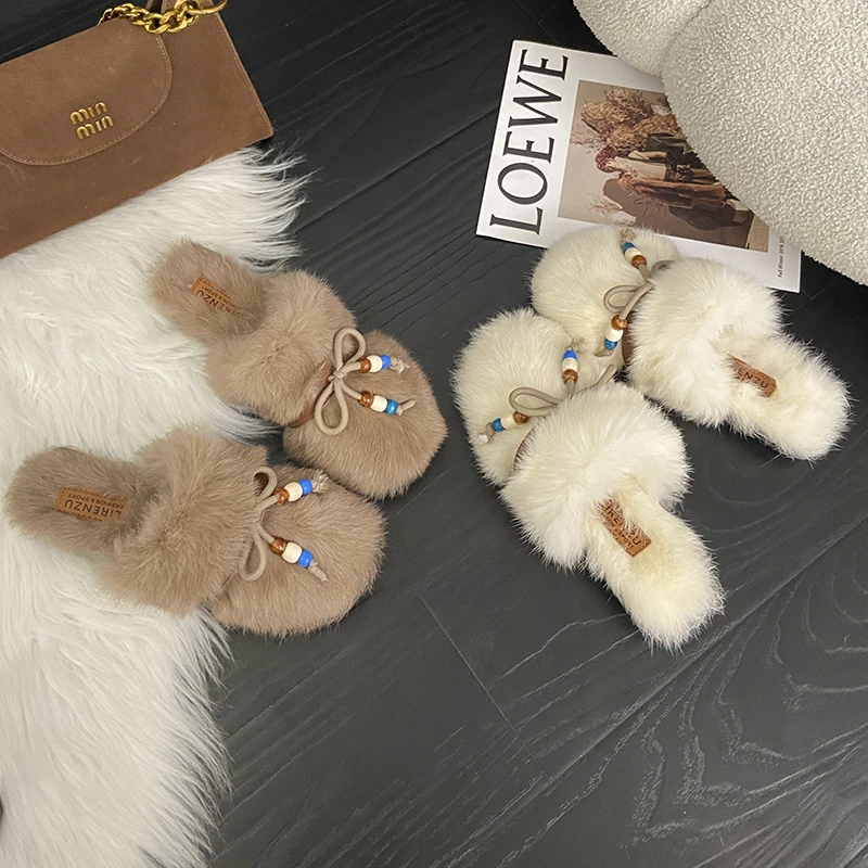 真兔毛包头粗跟毛毛鞋女外穿2025冬季新款爆款毛拖鞋韩版时尚棉拖