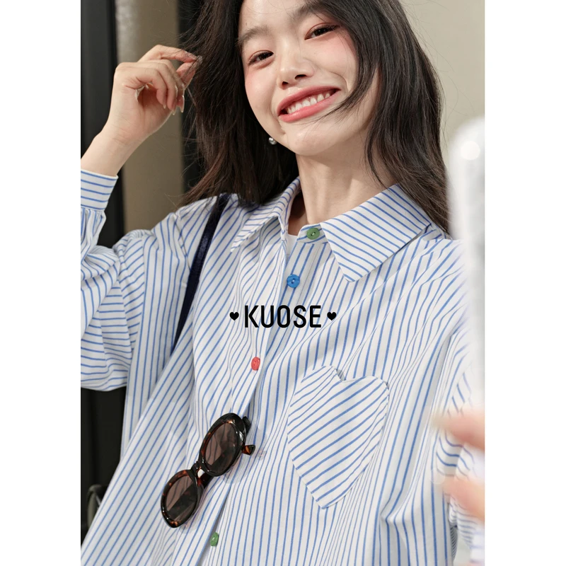 阔色撞色纽扣条纹衬衫外套2025秋季新款爱心长袖衬衣KSL2502015