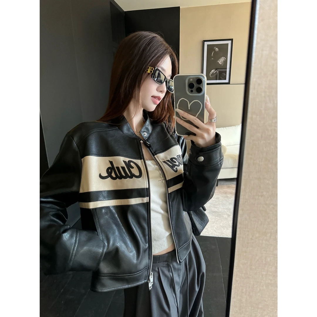 复古黑色刺绣立领长袖皮衣外套女秋季美式pu皮机车服宽松开衫上衣
