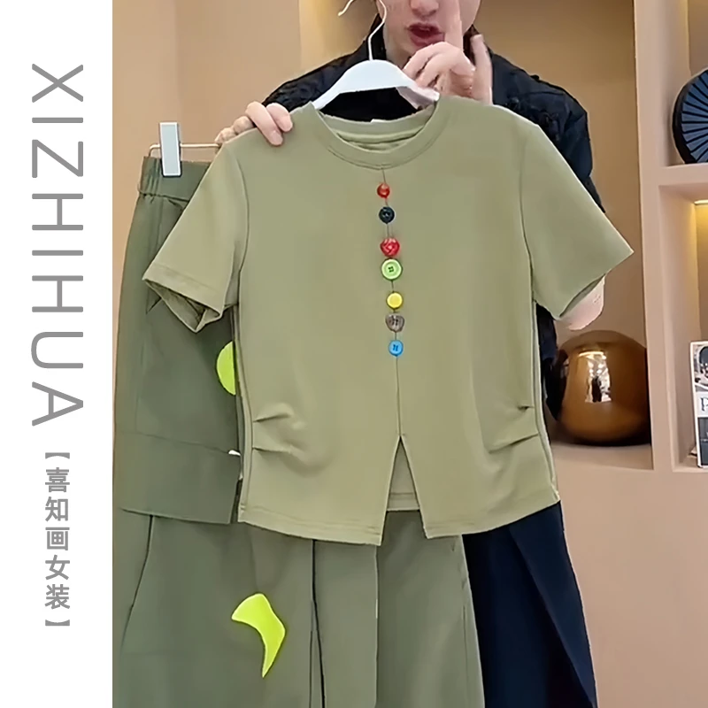 短袖正肩T恤女款爆款2025新款韩系新款简约上衣彩色纽扣设计感女