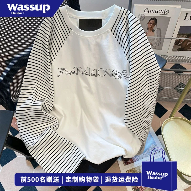 WASSUP HSUBE美式创意字母印花纯棉长袖t恤女休闲百搭条纹上衣服