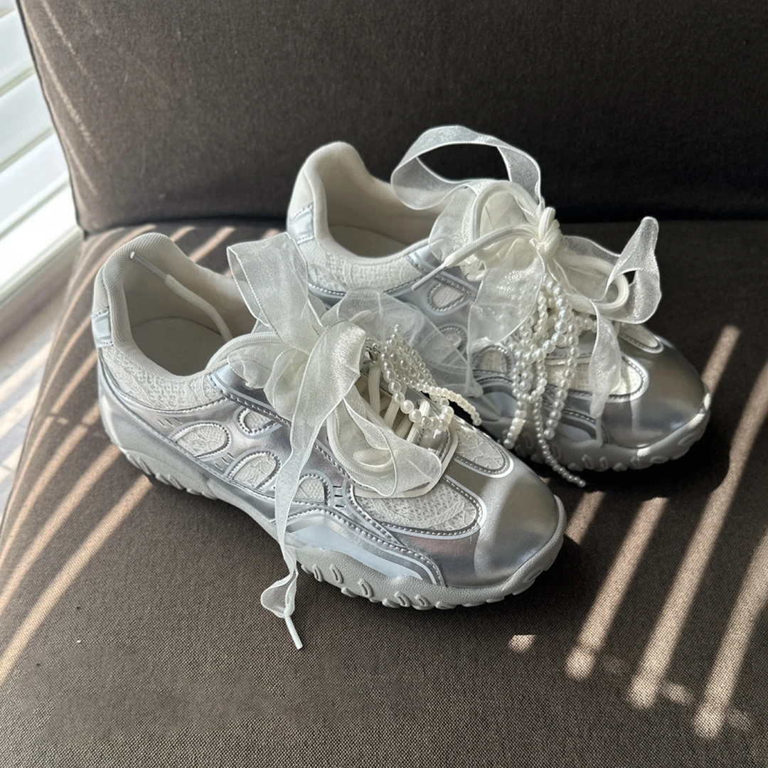 牛皮版~芭蕾风蕾丝珍珠银色德训鞋厚底阿甘鞋百搭少女休闲运动鞋