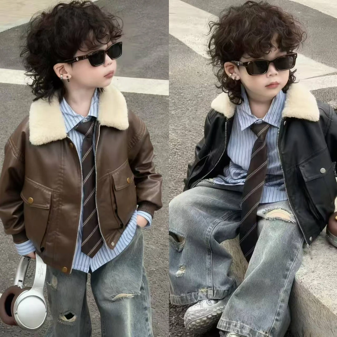 幂姐童装 儿童皮衣外套2025新款秋冬季软上衣复古皮衣夹克外套