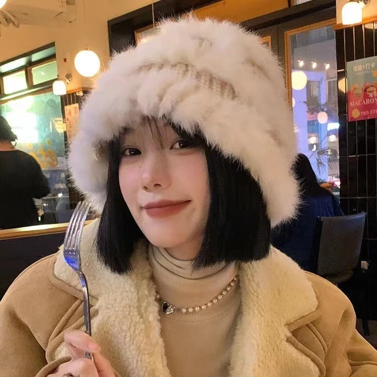 兔毛帽子女秋冬款百搭加厚毛绒针织帽防寒显脸小渔夫帽保暖毛线帽