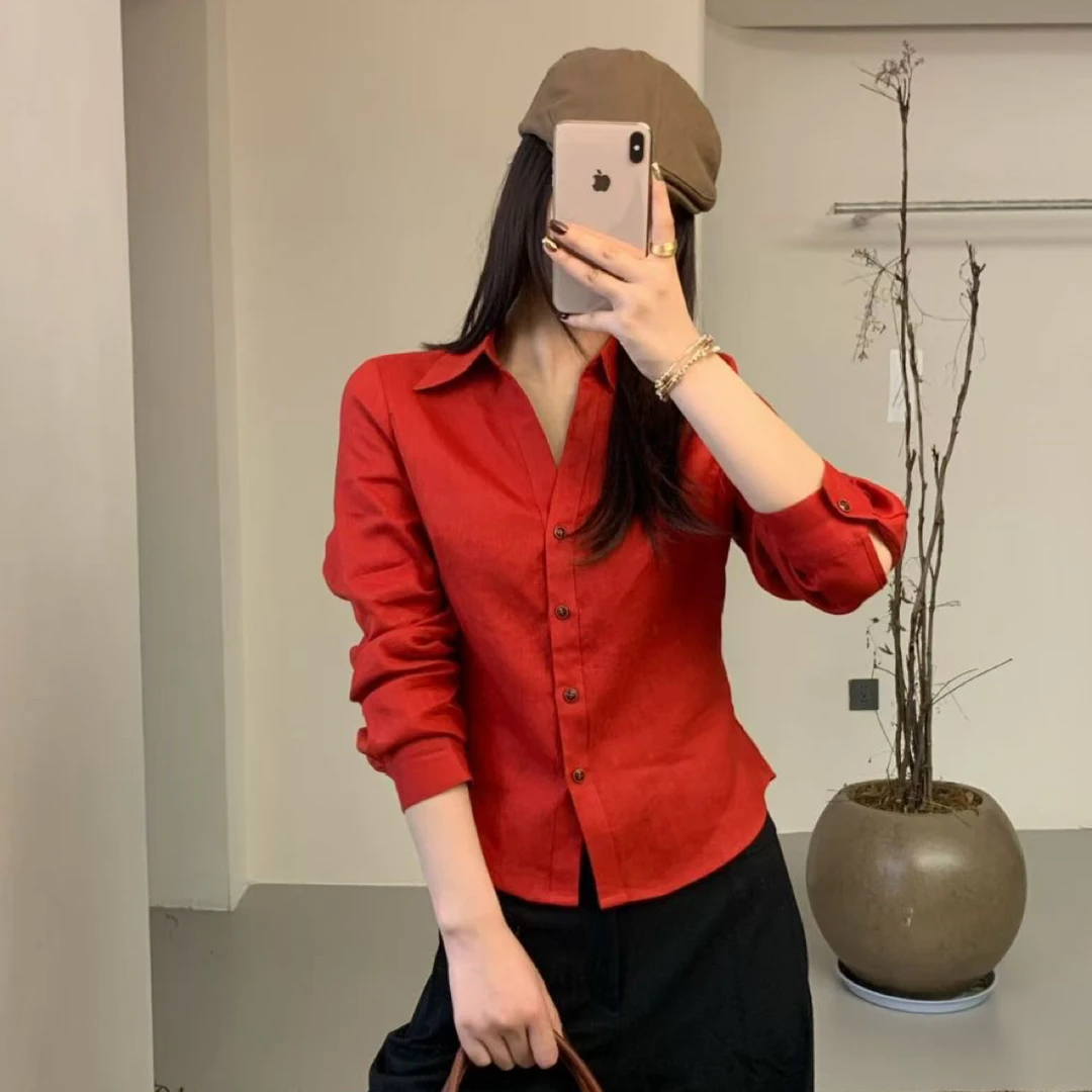 欧货秋季亚麻老钱风V领收腰长袖衬衫女春季修身显瘦气质百搭衬衣