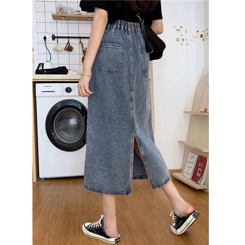 大码胖mm复古开叉牛仔半身裙女2025新款中长款高腰显瘦后松紧腰裙