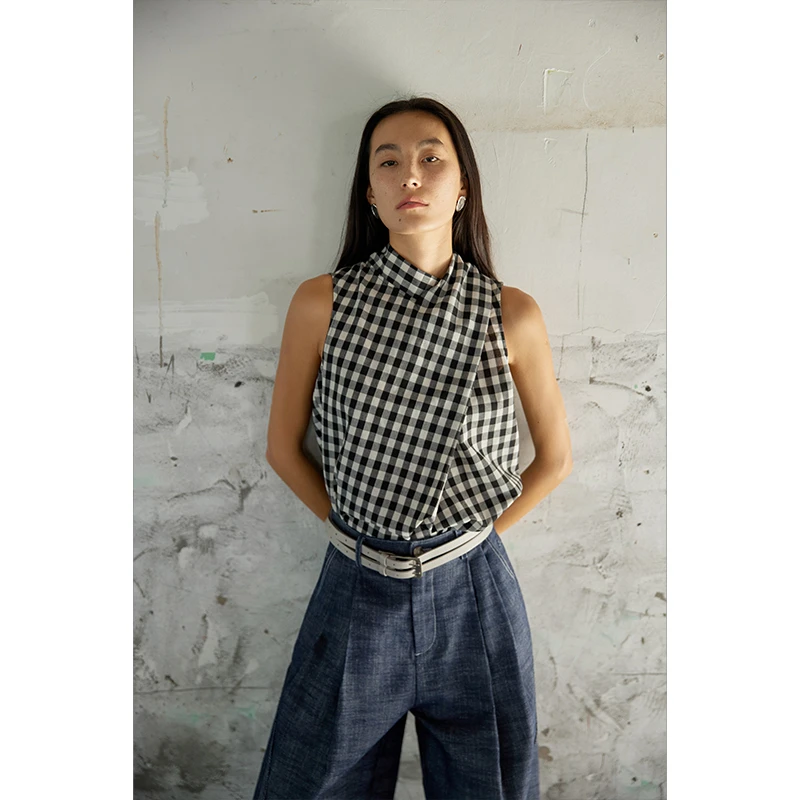 HERLAND她地【空白格】经典百搭复古格纹无袖衬衫女夏高级撞色上衣