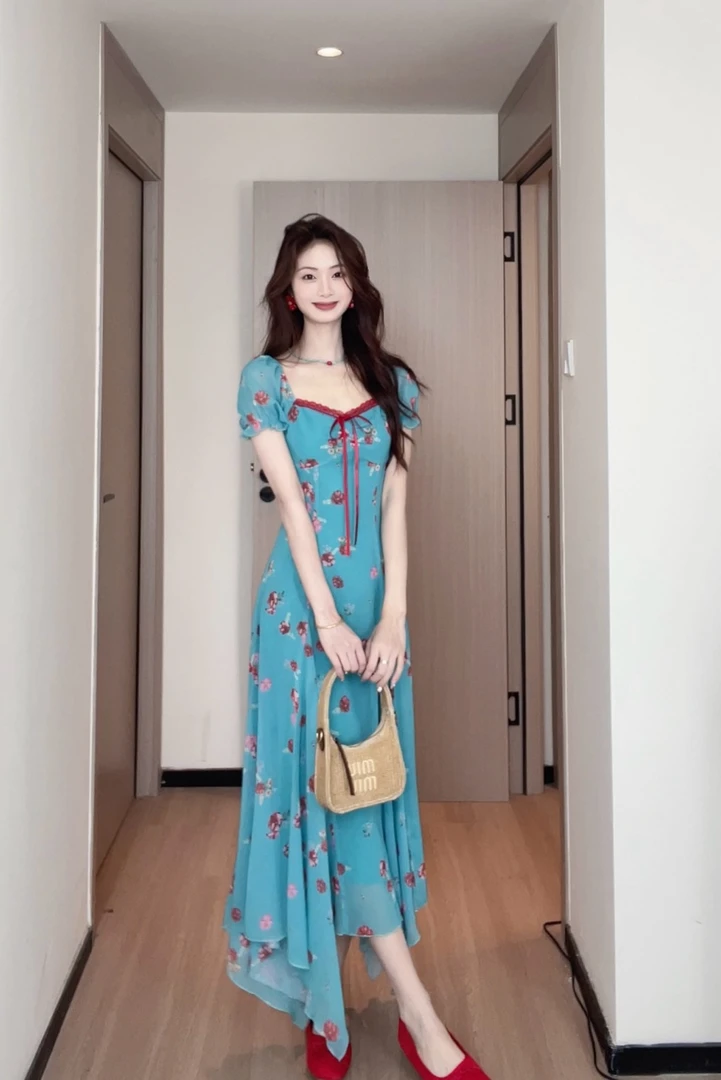 清仓107复古蓝色夏季紫色碎花长裙短袖度假风收腰连衣裙B251Q0679