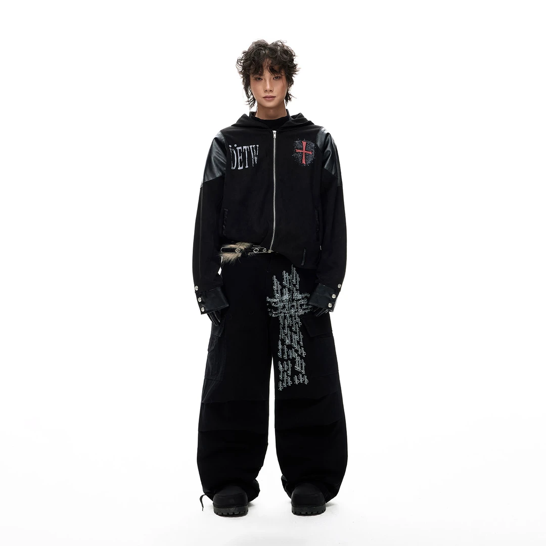 OTOTLEE美式街头十字架字母印花工装裤男女水洗多口袋宽松直筒裤