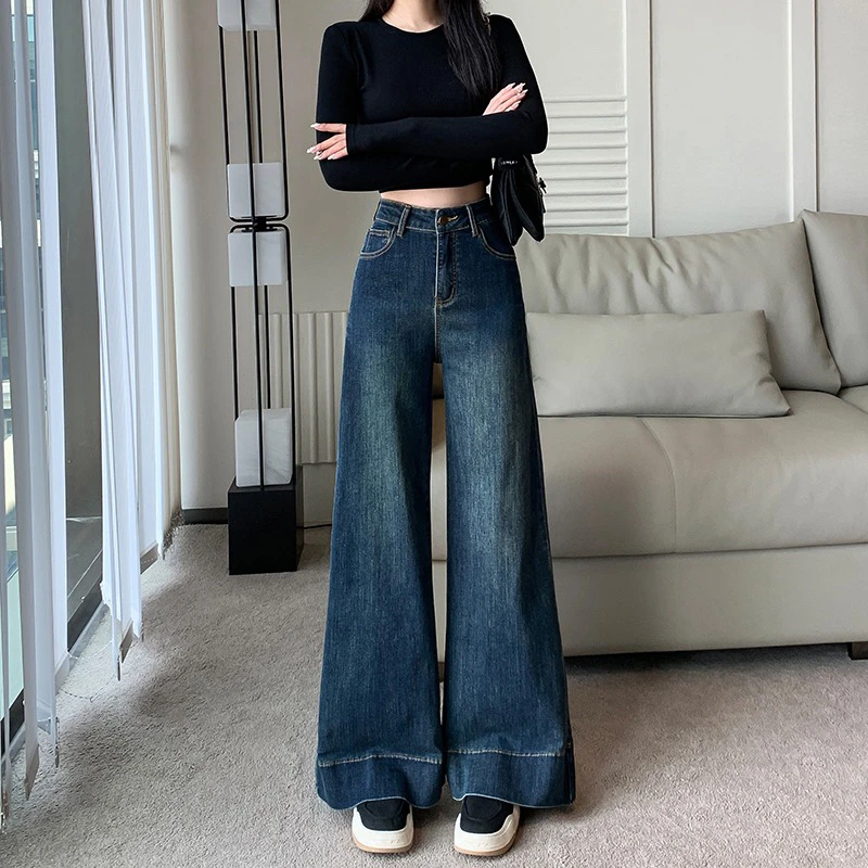 小个子秋冬新款牛仔裤九分长裤高腰显瘦阔腿直筒微喇裤