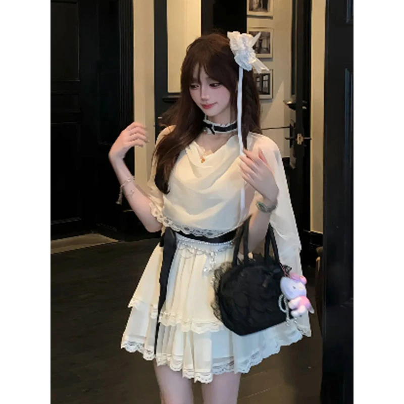 民国千金 2025新品手工压褶法式甜美收腰飘带蓬蓬连衣裙送披肩