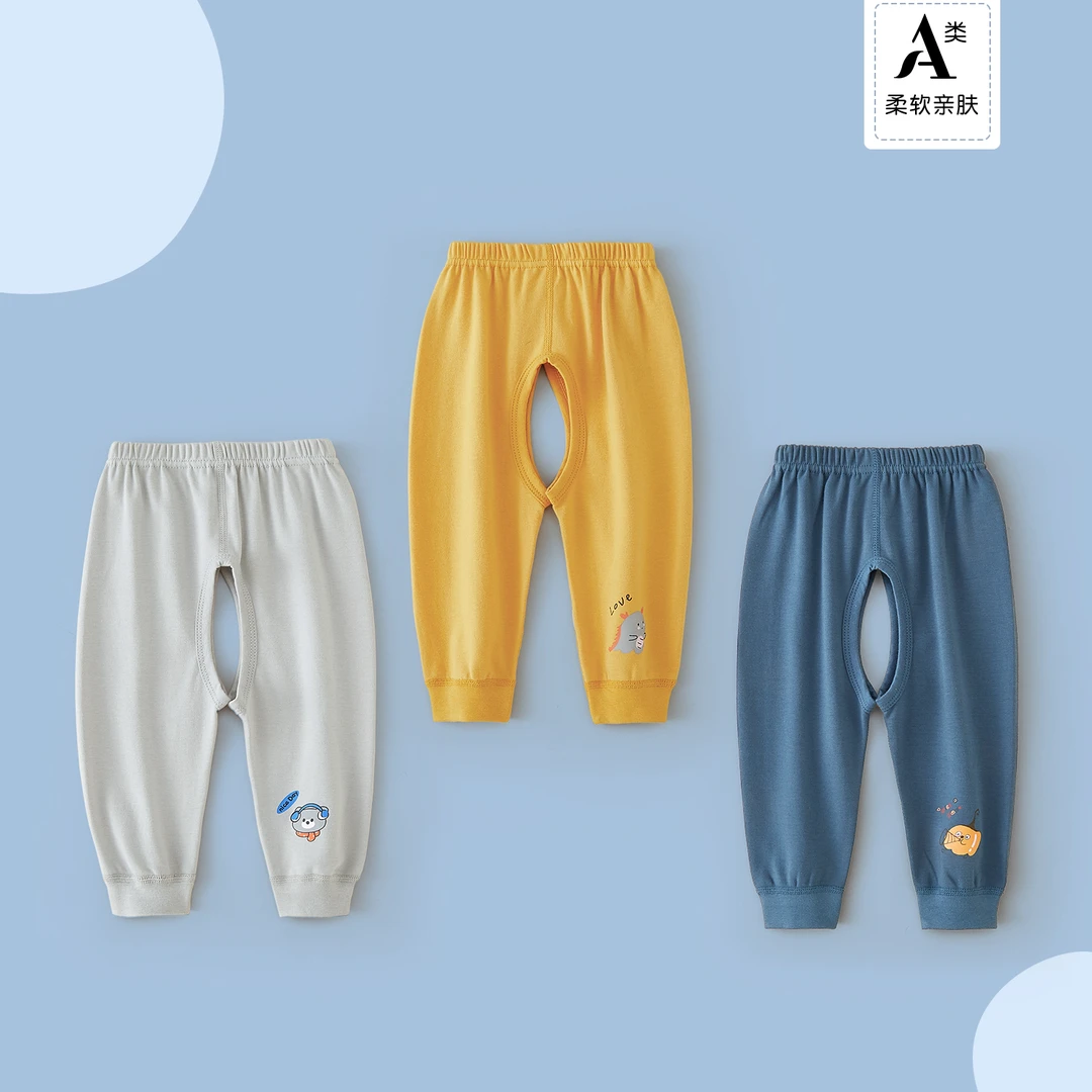 男女童纯棉A类开裆裤宝宝秋款长裤卡通头像婴儿外穿无骨休闲裤子