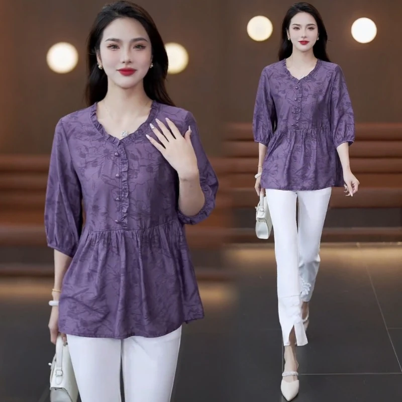初夏雪纺衬衫女士宽松显瘦小衫2024新款时尚半袖上衣中年妈妈衬衣
