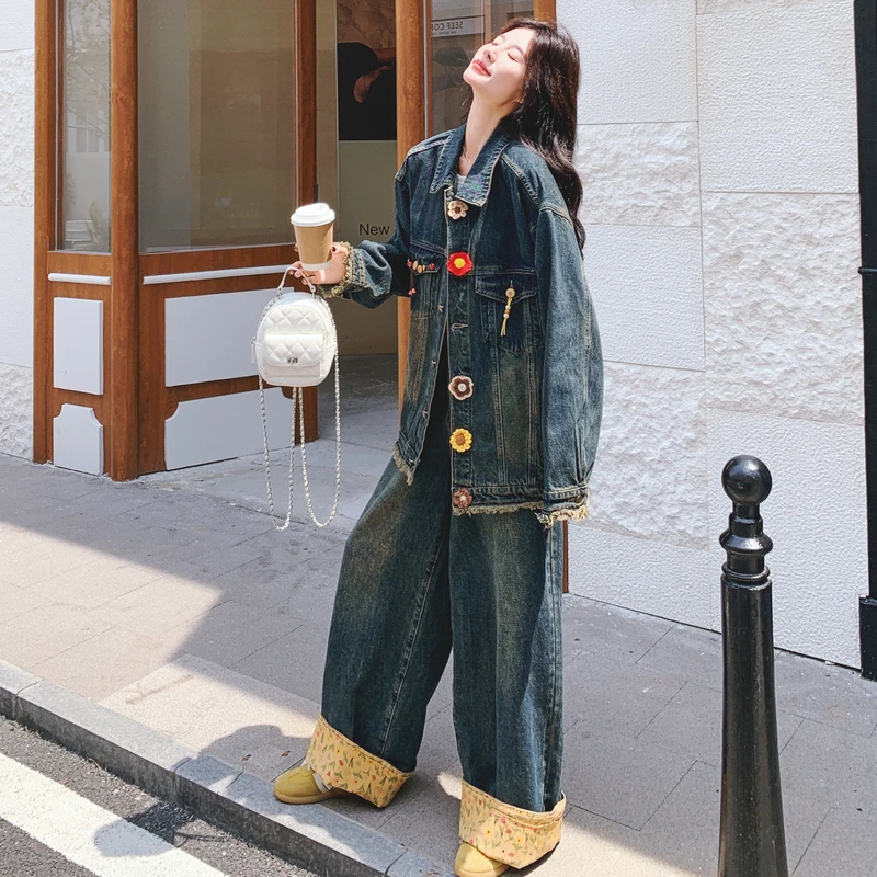 韩系早秋穿搭一整套女巨好看流行新款设计感牛仔外套阔腿裤两件套