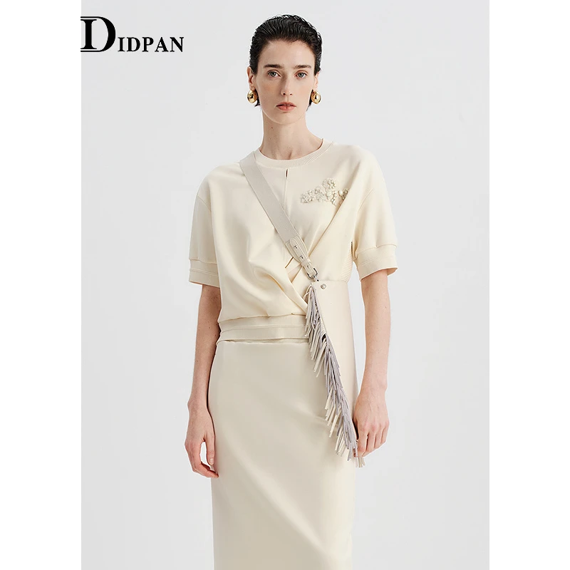 IDPAN小香风设计师气质白色时尚休闲夏季针织短袖上衣2V2S23025