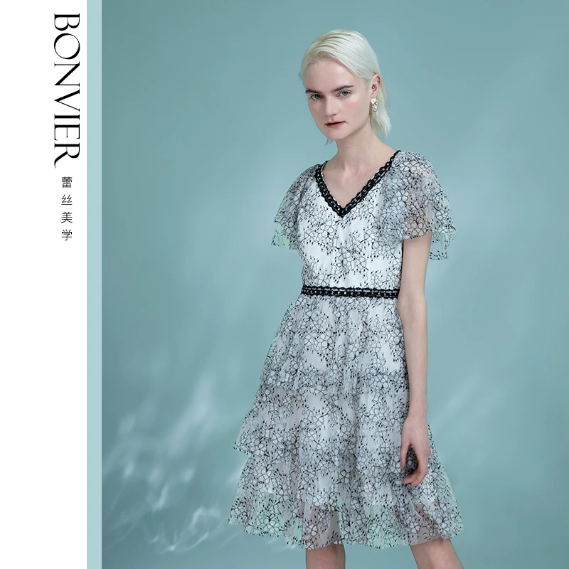 BONVIER2025夏季时尚拼接设计蕾丝裙优雅百搭连衣裙6116172