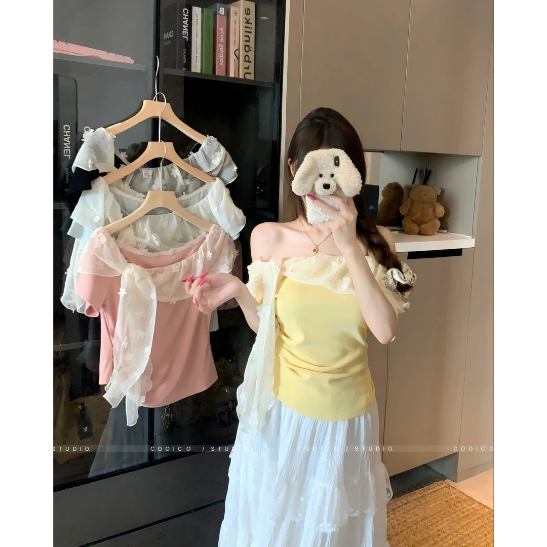 大码法式刺绣蕾丝拼接花朵一字肩上衣夏季胖mm短袖设计感T恤