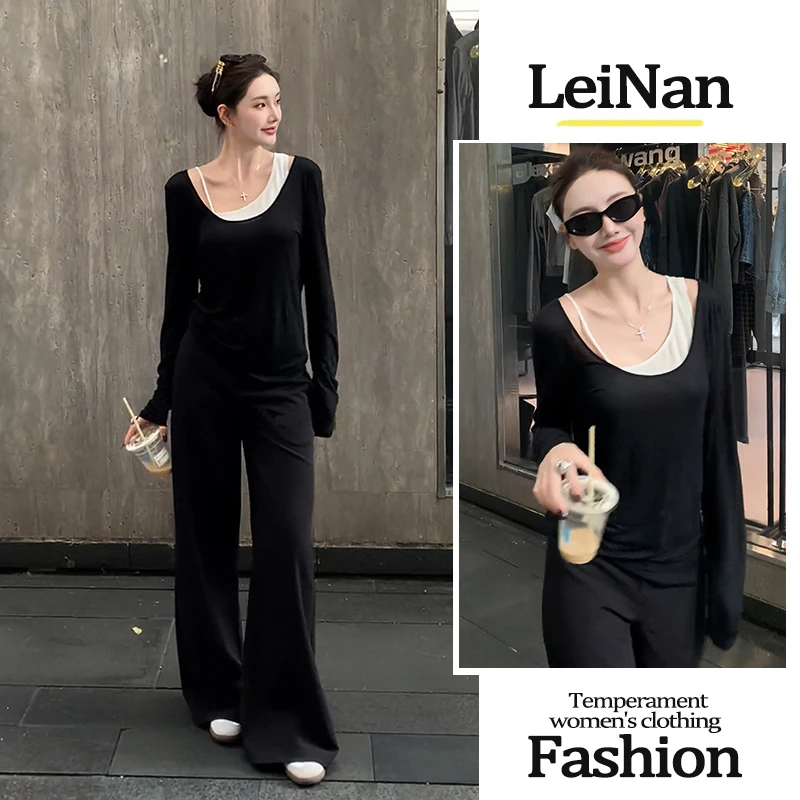 早秋穿搭一整套韩系高级感时尚长袖上衣内搭吊带高腰阔腿裤三件套