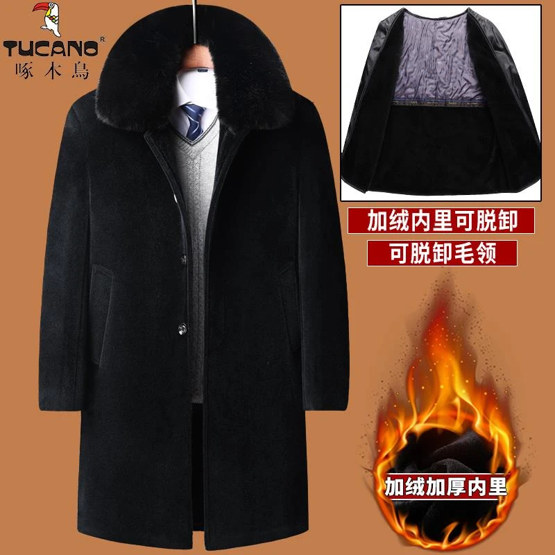 啄木鸟中老年人毛呢大衣加绒加厚男爸爸冬装呢子外套老爸老人爷爷