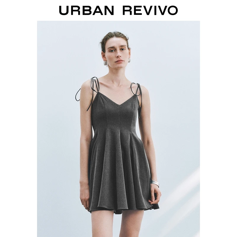 UR2025秋季新款女千金感格雷系V领系带吊带小礼裙连衣裙UWG750214