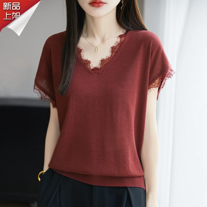 哥弟阿玛施正品2025夏季新款短袖毛针织衫女显瘦洋气蕾丝花边领