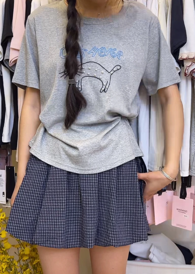 6663刺绣钉珠猫咪短袖2025年T恤女装上衣